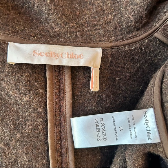 SEE by CHLOE Wool Blend Hooded Coat Medium Brown Snap Closures Pockets - Picture 10 of 14